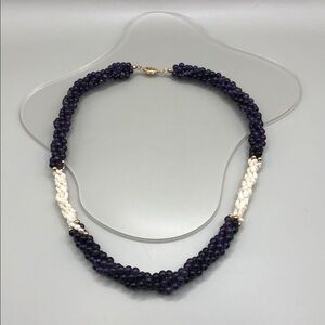 Vintage amethyst gemstone rice pearls woven necklace 14k gold clasp and beads.